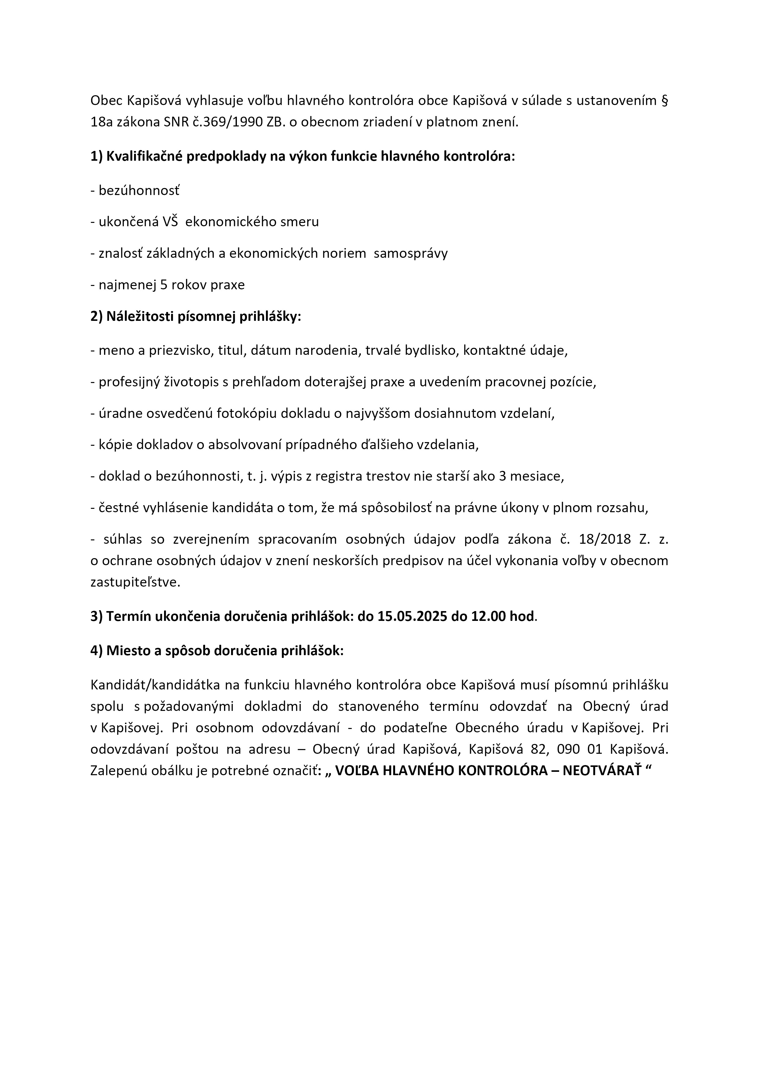 Hlavný kontrolór - pracovná ponuka