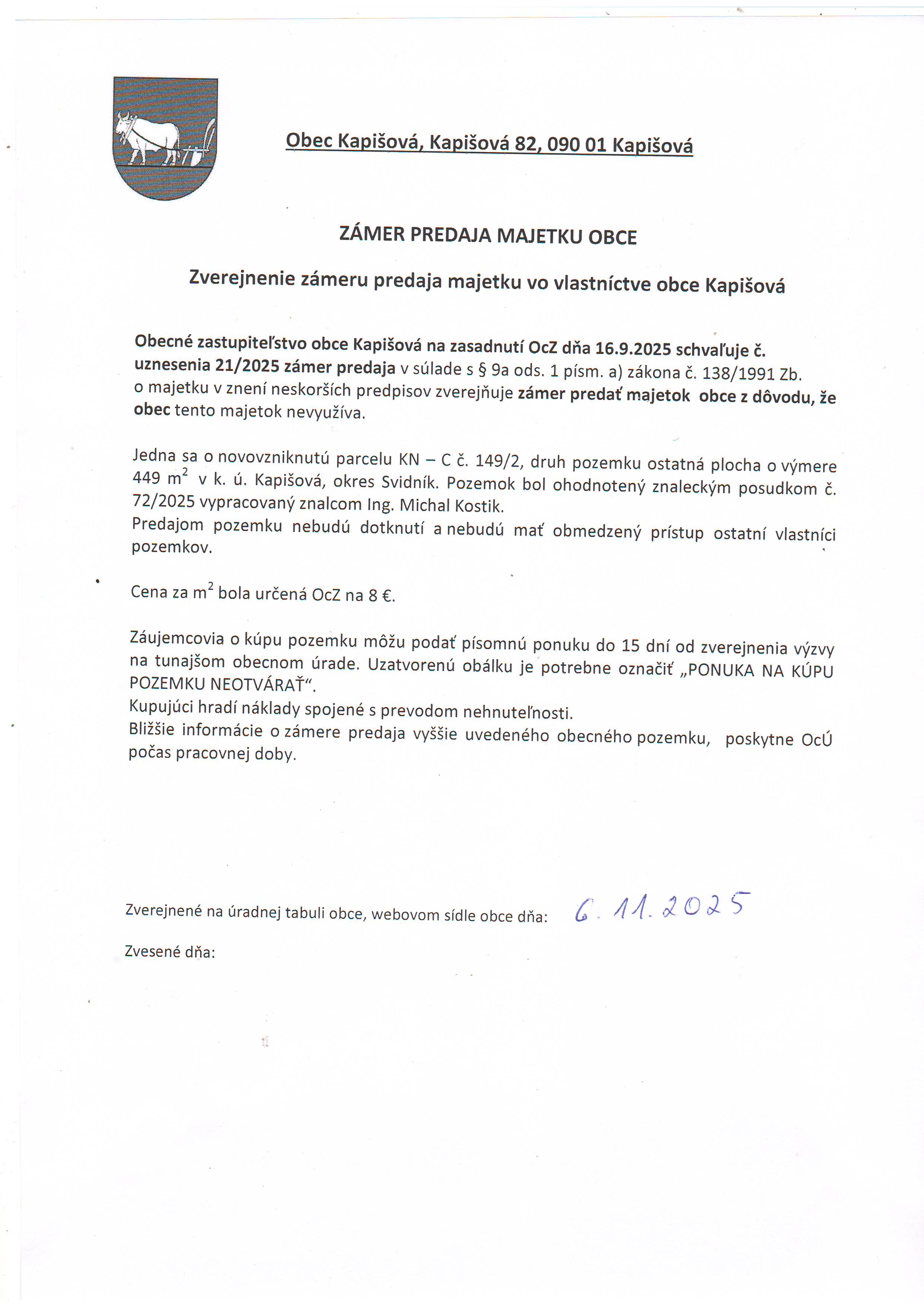 Zámer predaja majetku obce