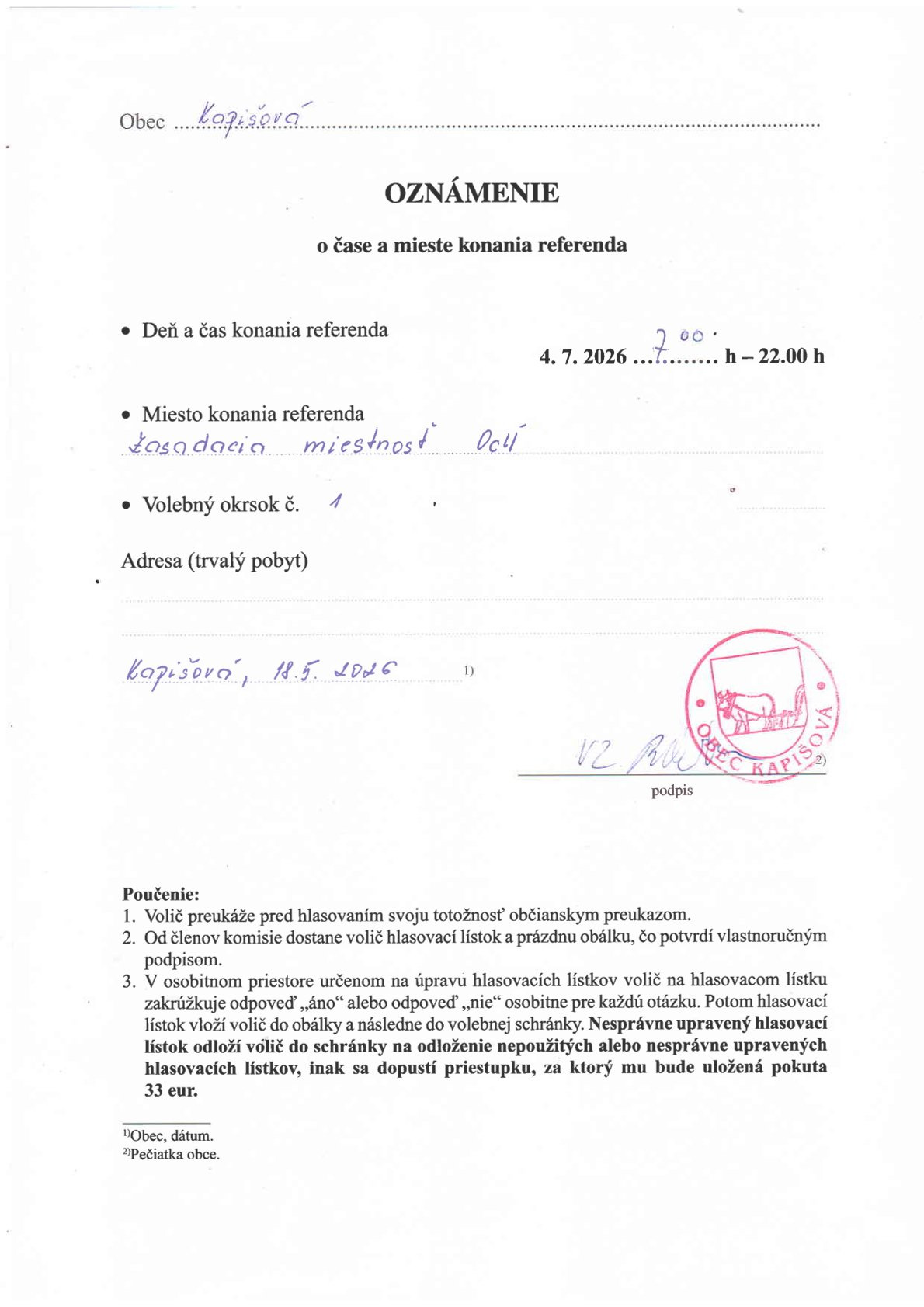 Oznámenie o čase a mieste konania referenda
