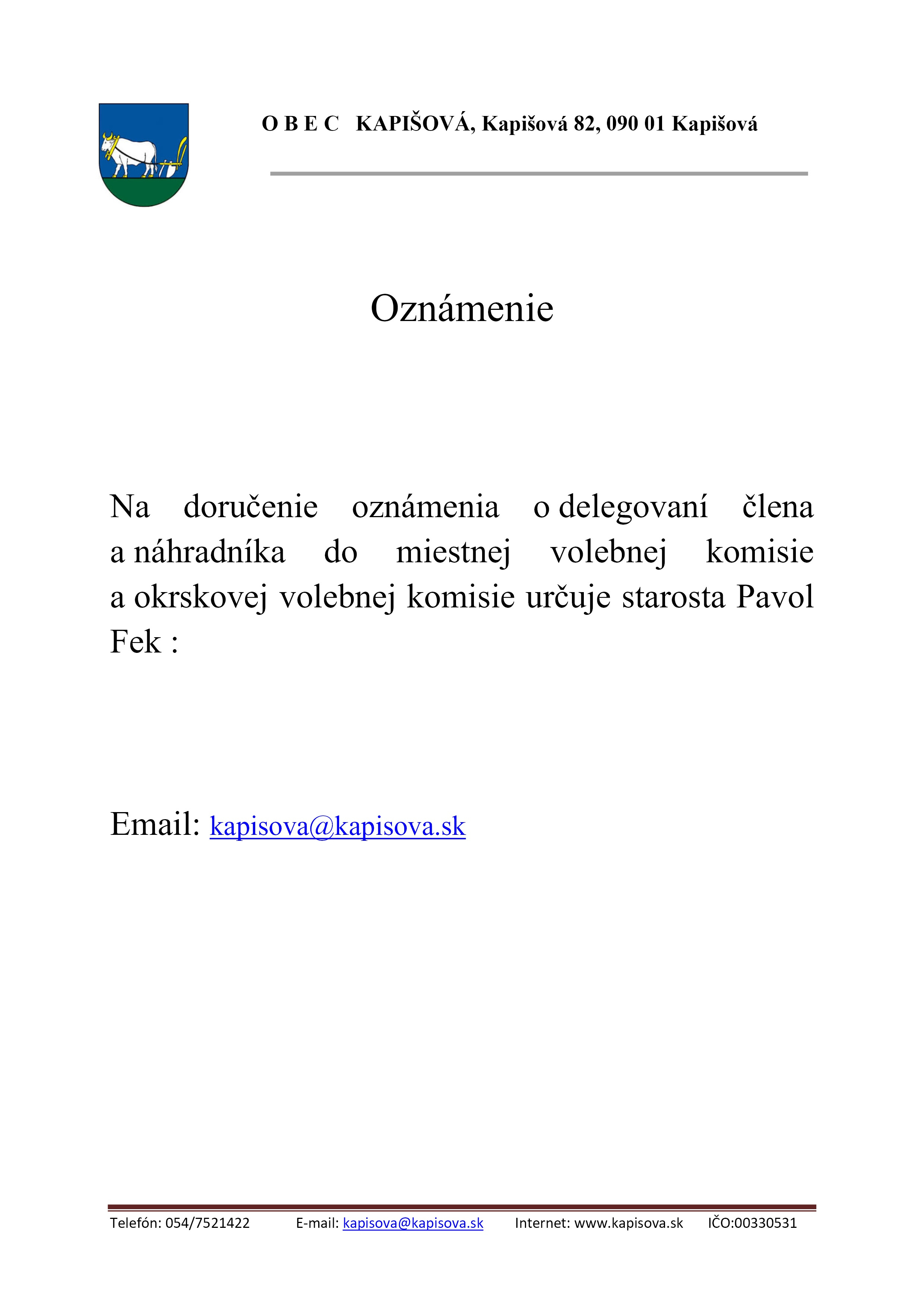 Určenie email na doručenie oznámenia o delegovaní člena MVK a OVK