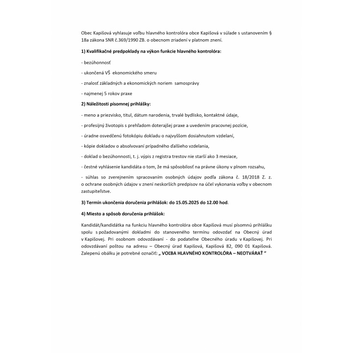 Voľba hlavného kontrolóra - pracovná ponuka