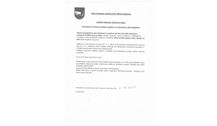 Zámer predaja majetku obce