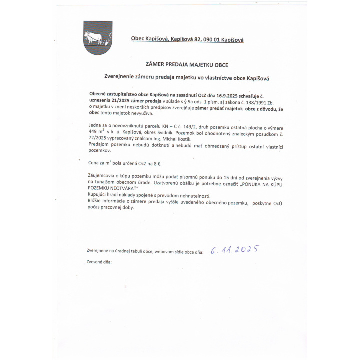 Zámer predaja majetku obce